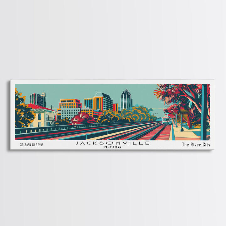 Jacksonville Florida Travel Poster Framed Canvas Print, Panoramic Mid Century Modern Art, Pop Art Style, Wall Art, Home Decor, Wall Hanging, Vintage Wall Art