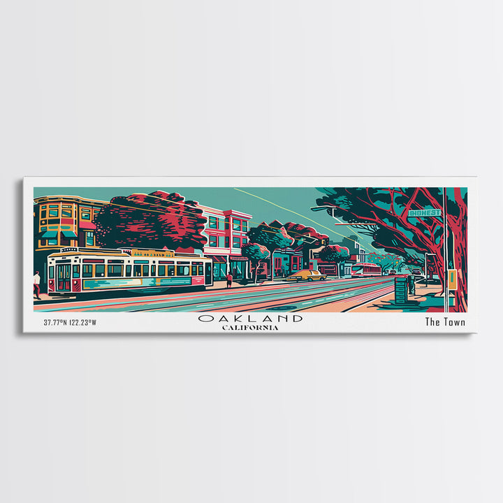 Oakland California Panoramic Travel Poster Framed Canvas Print, Mid Century Modern Art, Pop Art Style, Wall Art, Home Decor, Living Room Art