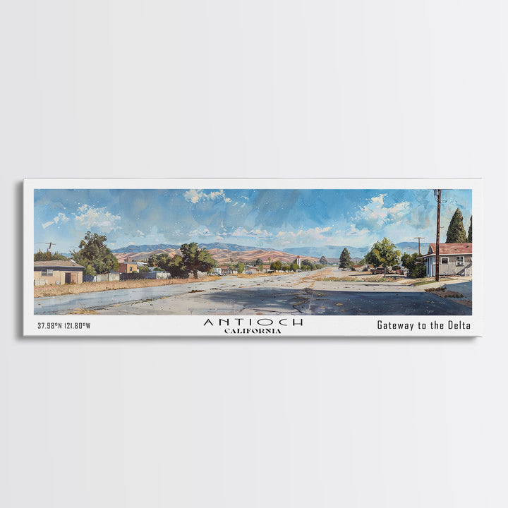 Antioch California Panoramic Painting, Watercolor Framed Canvas Print, Scenic City Art, Travel Poster, Home Decor, Wall Art, Office Wall Art