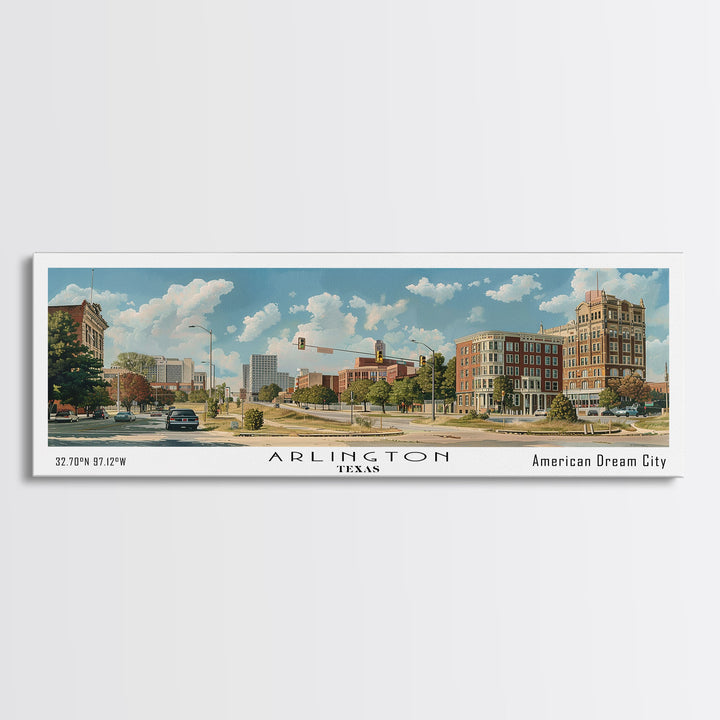 Arlington Texas Panoramic Painting, Watercolor Framed Canvas Print, Scenic City Art, Travel Poster, Wall Decor, Living Room Art, Gift Idea