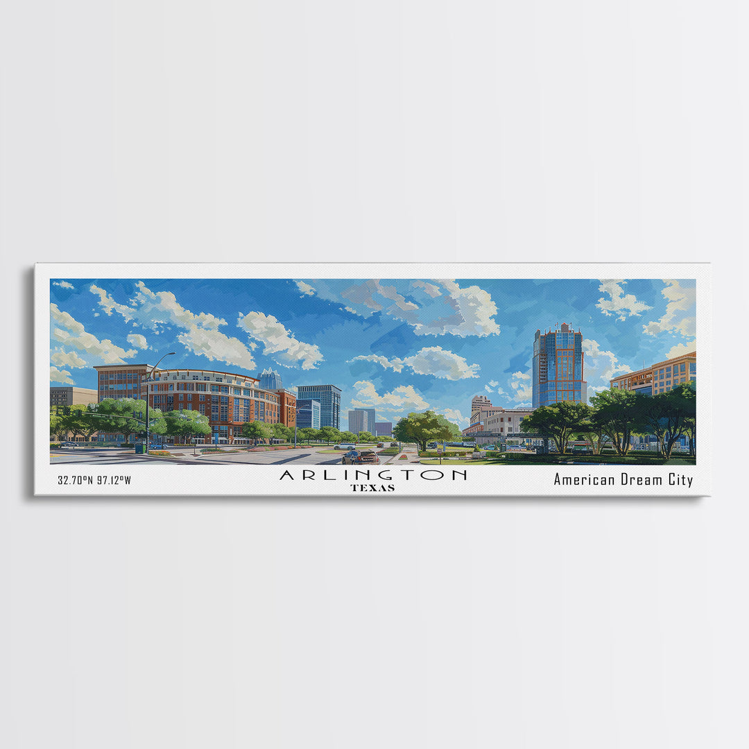 Arlington Texas Panoramic Watercolor Painting, Framed Canvas Print, Scenic City Art, Travel Poster, Home Decor, Wall Hanging, Office Wall Art
