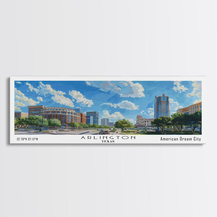 Arlington Texas Panoramic Watercolor Painting, Framed Canvas Print, Scenic City Art, Travel Poster, Home Decor, Wall Hanging, Office Wall Art