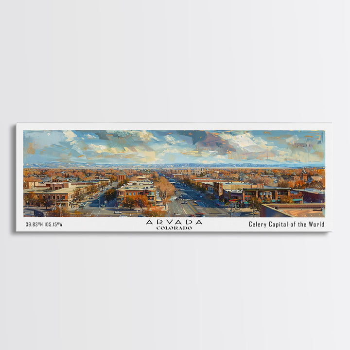 Arvada Colorado Panoramic Painting, Watercolor Framed Canvas Print, Scenic City Art, Travel Poster, Home Decor, Wall Art, Gift Idea