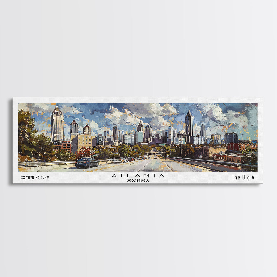 Atlanta Georgia Panoramic Watercolor Painting, Framed Canvas Print, Scenic City Art, Travel Poster, Home Decor, Wall Art, Office Wall Art