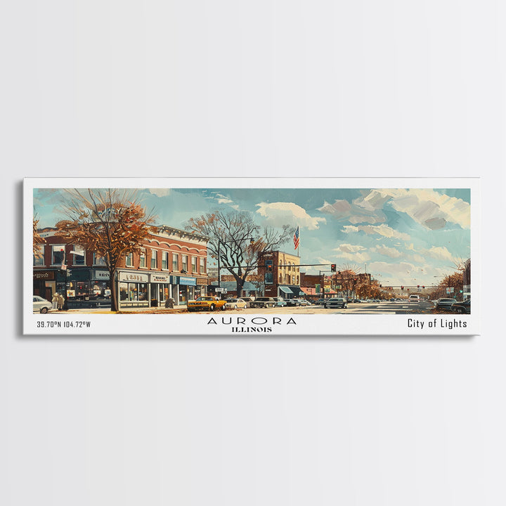 Aurora Illinois Panoramic Painting, Watercolor Framed Canvas Print, Scenic City Art, Travel Poster, Home Decor, Wall Art, Gift Idea