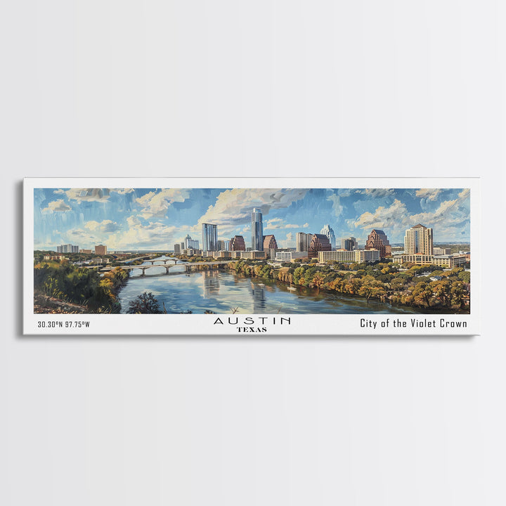 Austin Texas Panoramic Painting, Watercolor Framed Canvas Print, Scenic City Art, Travel Poster, Wall Decor, Living Room Art, Office Wall Art