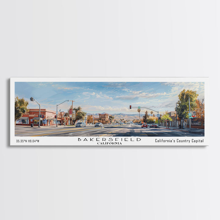 Bakersfield California Panoramic Painting, Watercolor Framed Canvas Print, Scenic City Art, Travel Poster, Home Decor, Wall Hanging, Gift Idea