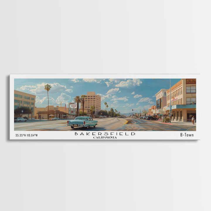 Bakersfield California Panoramic Watercolor Painting, Framed Canvas Print, Scenic City Art, Travel Poster, Wall Decor, Living Room Art, Office Wall Art