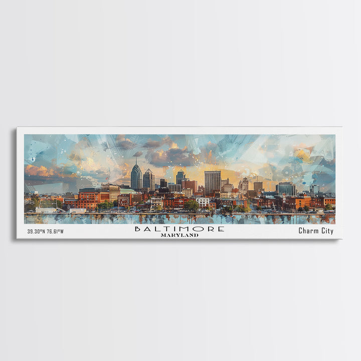 Baltimore Maryland Panoramic Painting, Watercolor Framed Canvas Print, Scenic City Art, Travel Poster, Home Decor, Wall Hanging, Office Wall Art