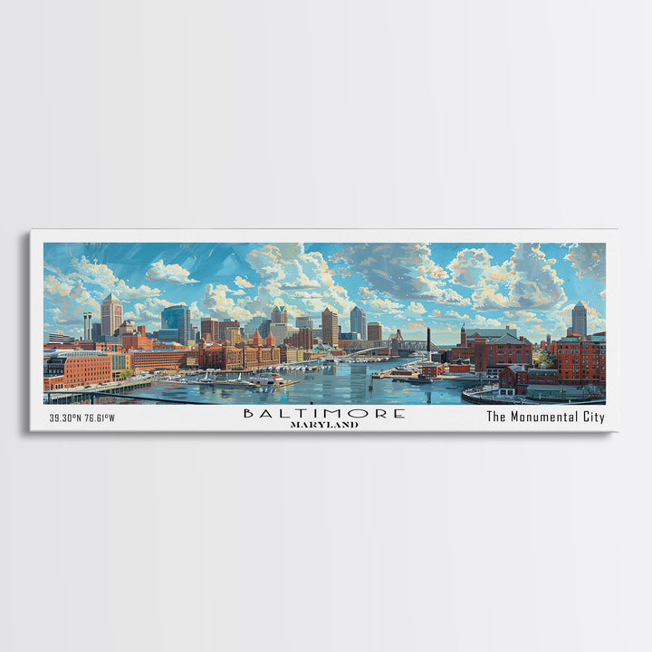Baltimore Maryland Panoramic Watercolor Painting, Framed Canvas Print, Scenic City Art, Travel Poster, Wall Decor, Living Room Art, Gift Idea
