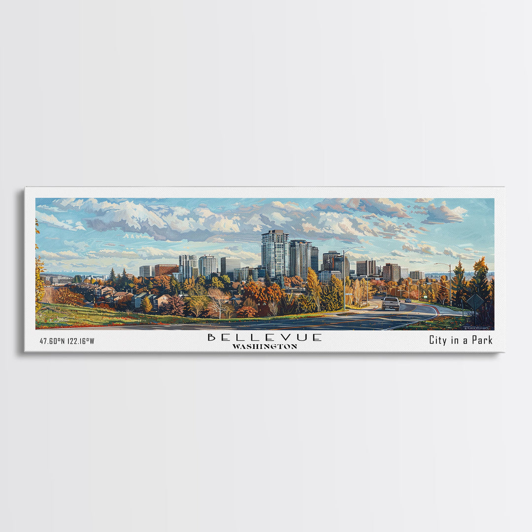 Bellevue Washington Panoramic Painting, Watercolor Framed Canvas Print, Scenic City Art, Travel Poster, Home Decor, Wall Art, Office Wall Art