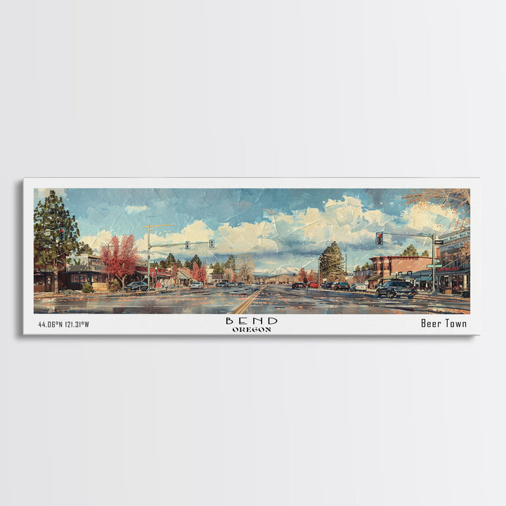 Bend Oregon Panoramic Painting, Watercolor Framed Canvas Print, Scenic City Art, Travel Poster, Home Decor, Wall Hanging, Living Room Art