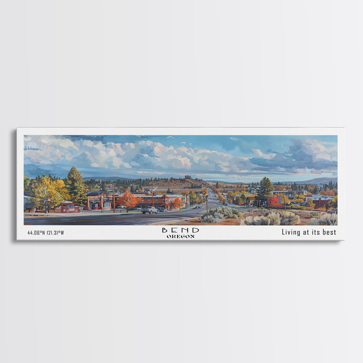 Bend Oregon Panoramic Watercolor Painting, Framed Canvas Print, Scenic City Art, Travel Poster, Wall Decor, Living Room Art, Gift Idea