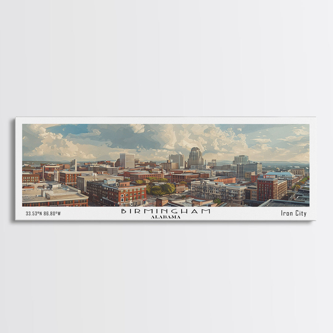 Birmingham Alabama Panoramic Painting, Watercolor Framed Canvas Print, Scenic City Art, Travel Poster, Wall Decor, Living Room Art, Gift Idea