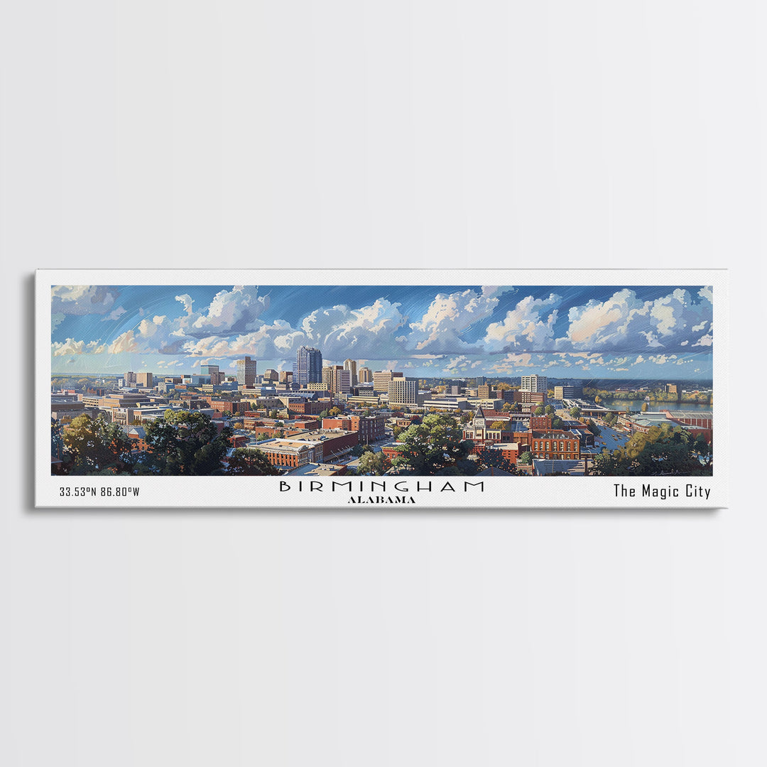 Birmingham Alabama Panoramic Watercolor Painting, Framed Canvas Print, Scenic City Art, Travel Poster, Home Decor, Wall Art, Office Wall Art
