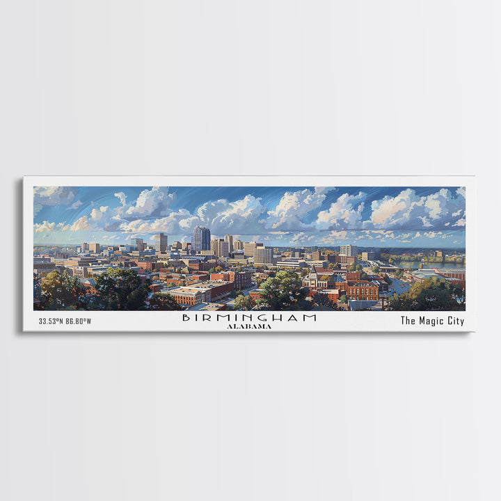 Birmingham Alabama Panoramic Watercolor Painting, Framed Canvas Print, Scenic City Art, Travel Poster, Home Decor, Wall Art, Office Wall Art