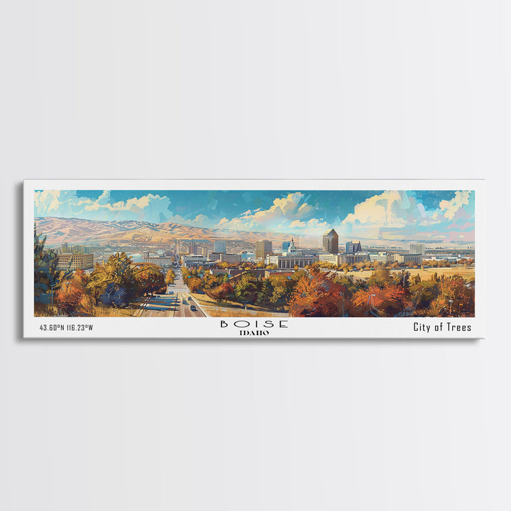 Boise Idaho Panoramic Watercolor Painting, Framed Canvas Print, Scenic City Art, Travel Poster, Wall Decor, Living Room Art, Gift Idea