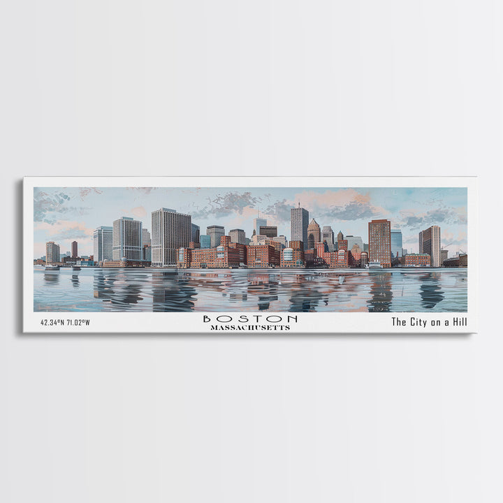 Boston Massachusetts Panoramic Painting, Watercolor Framed Canvas Print, Scenic City Art, Travel Poster, Home Decor, Wall Art, Office Wall Art