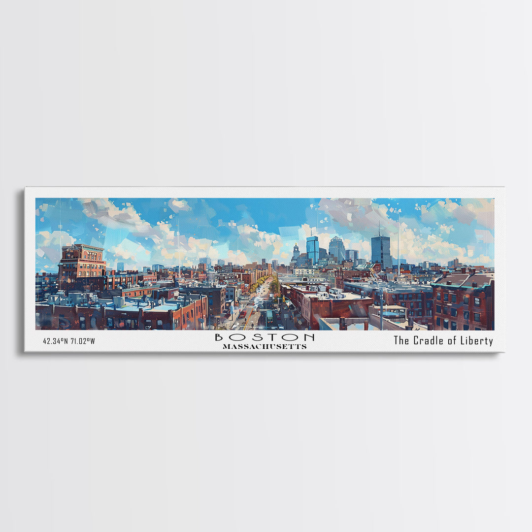 Boston Massachusetts Panoramic Watercolor Painting, Framed Canvas Print, Scenic City Art, Travel Poster, Home Decor, Wall Hanging, Living Room Art