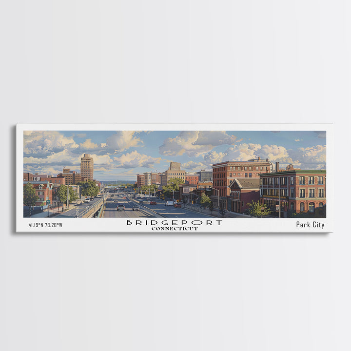 Bridgeport Connecticut Panoramic Painting, Watercolor Framed Canvas Print, Scenic City Art, Travel Poster, Home Decor, Wall Art, Office Wall Art