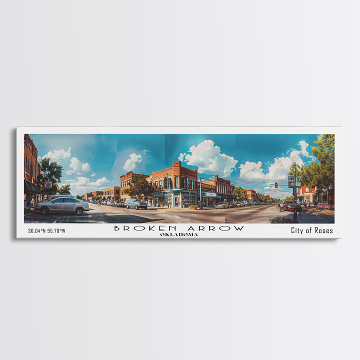 Broken Arrow Oklahoma Panoramic Painting, Watercolor Framed Canvas Print, Scenic City Art, Travel Poster, Home Decor, Wall Hanging, Living Room Art