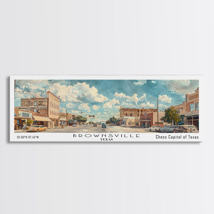 Brownsville Texas Panoramic Painting, Watercolor Framed Canvas Print, Scenic City Art, Travel Poster, Wall Decor, Living Room Art, Gift Idea