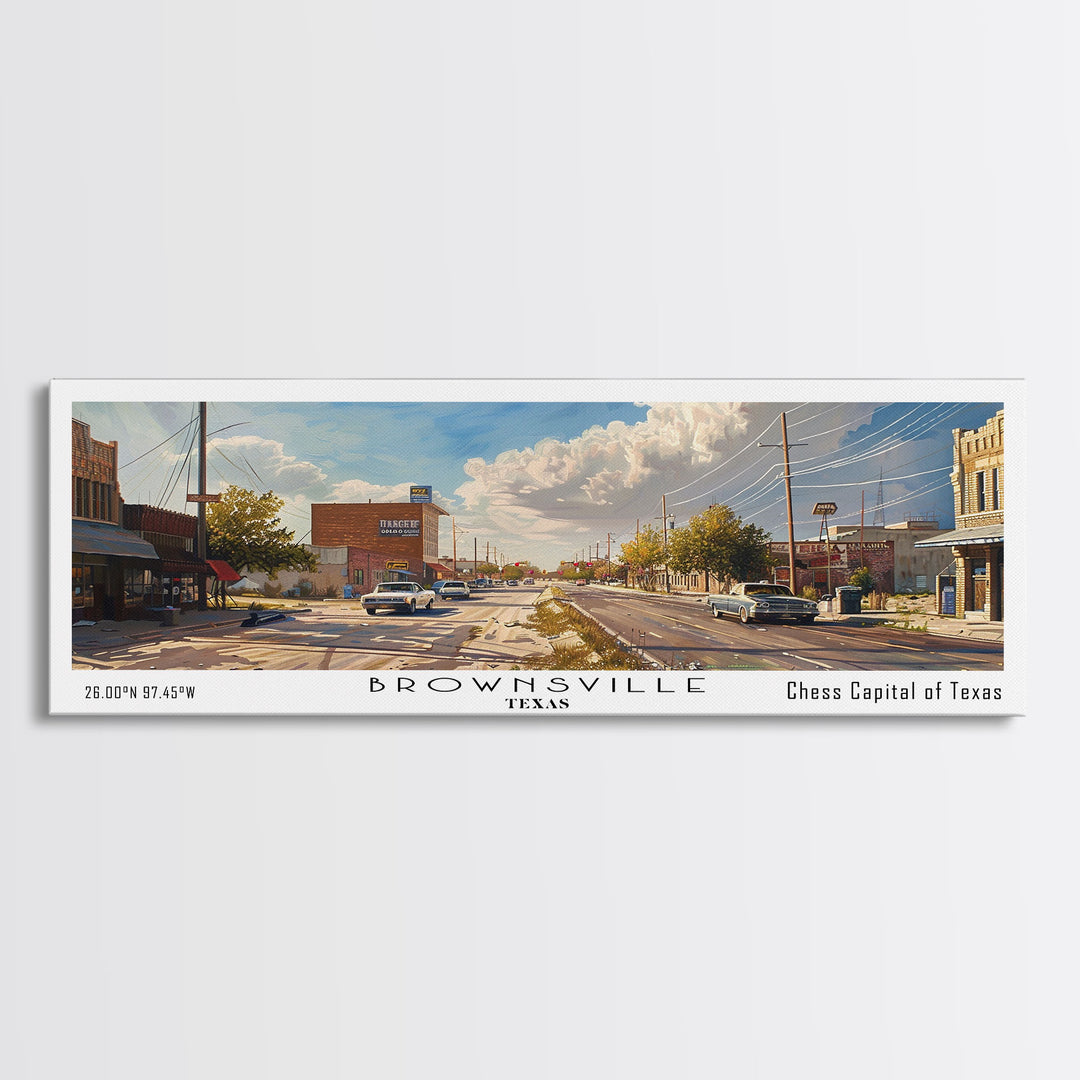 Brownsville Texas Panoramic Watercolor Painting, Framed Canvas Print, Scenic City Art, Travel Poster, Home Decor, Wall Art, Office Wall Art