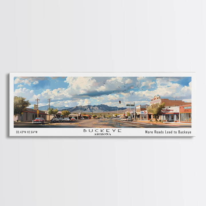 Buckeye Arizona Panoramic Watercolor Painting Framed Canvas Print, Travel Poster Art, Home Decor, Vibrant Arizona Cityscape, Office Decoration, Living Room Wall Art, Unique Gift