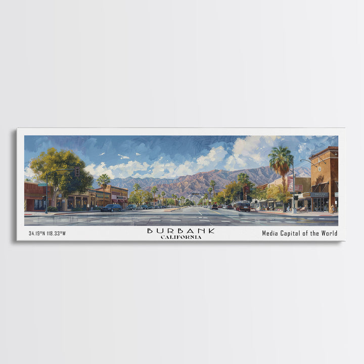 Burbank California Panoramic Watercolor Painting Framed Canvas Print, Travel Poster Art, Home Decor, Charming Cityscape, Bedroom Wall Art, Office Decoration, Gift for Travelers