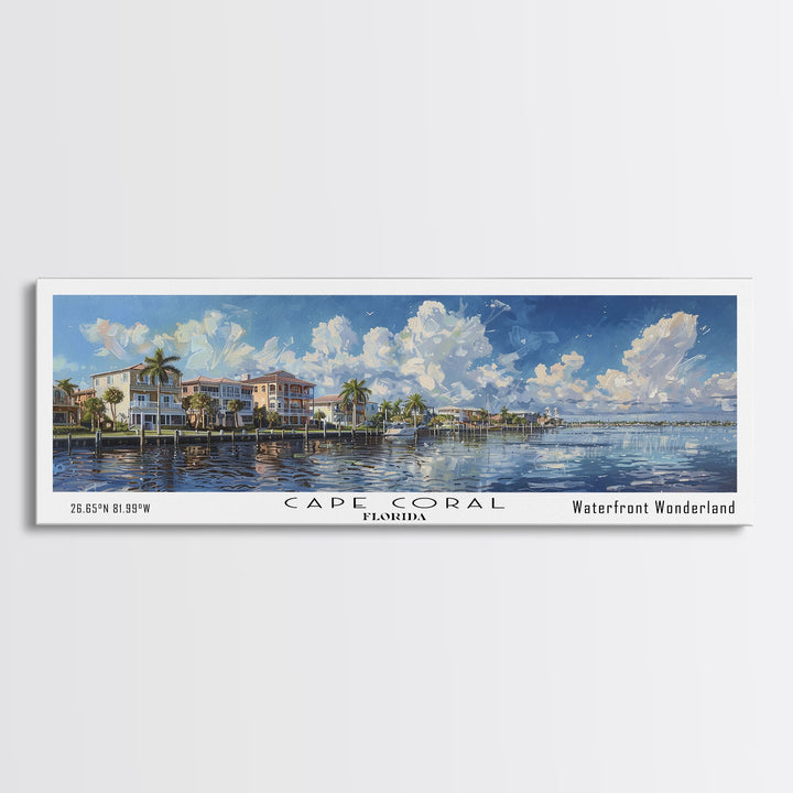 Cape Coral Florida Panoramic Watercolor Painting Framed Canvas Print, Travel Poster Art, Coastal Cityscape, Living Room Decor, Wall Hanging, Office Art, Unique Gift Idea