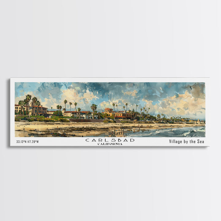 Carlsbad California Panoramic Watercolor Painting Framed Canvas Print, Travel Poster Art, Coastal Home Decor, Picturesque Cityscape, Wall Art for Bedroom, Office Wall Decoration, Travel Enthusiast Gift