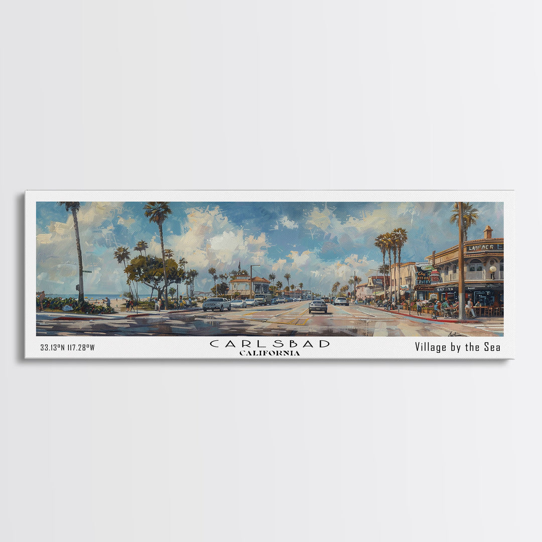 Carlsbad California Panoramic Watercolor Style Framed Canvas Print, Coastal Travel Poster, Home Decor, Picturesque Seascape, Office Wall Art, Living Room Decoration, Unique Gift Idea