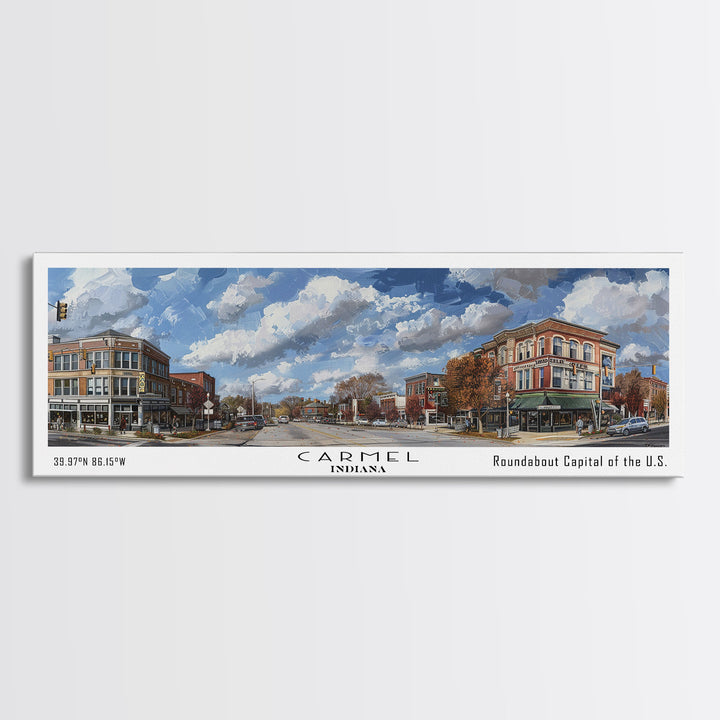 Carmel Indiana Panoramic Watercolor Painting Framed Canvas Print, Travel Poster Art, Home Decor, Picturesque Indiana Cityscape, Living Room Wall Art, Office Decoration, Gift for Art Lovers