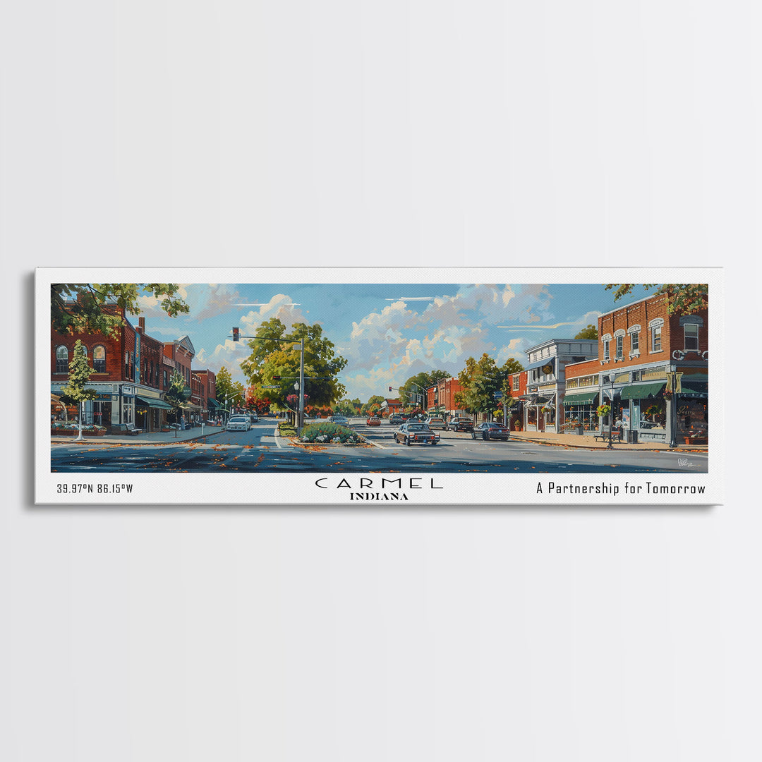 Carmel Indiana Panoramic Watercolor Painting Framed Canvas Print, Travel Poster Art, Charming Cityscape, Home Decor, Bedroom Wall Art, Office Decoration, Unique Travel Gift