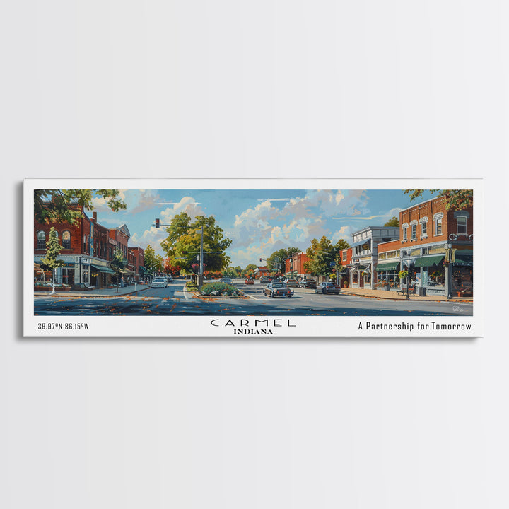 Carmel Indiana Panoramic Watercolor Painting Framed Canvas Print, Travel Poster Art, Charming Cityscape, Home Decor, Bedroom Wall Art, Office Decoration, Unique Travel Gift
