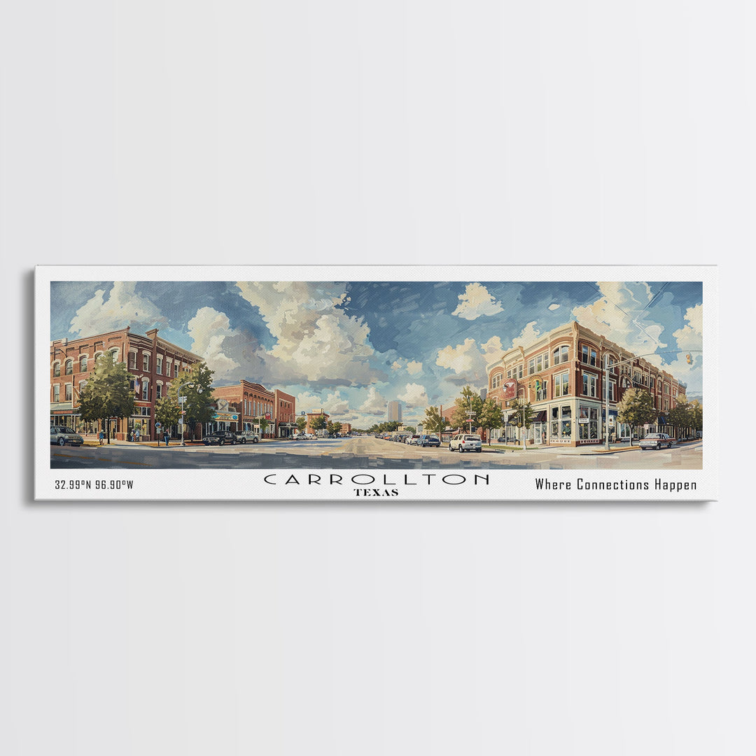 Carrolton Texas Panoramic Watercolor Painting Framed Canvas Print, Travel Poster Art, Home Decor, Vibrant Texas Cityscape, Living Room Wall Art, Office Decoration, Gift for Texans
