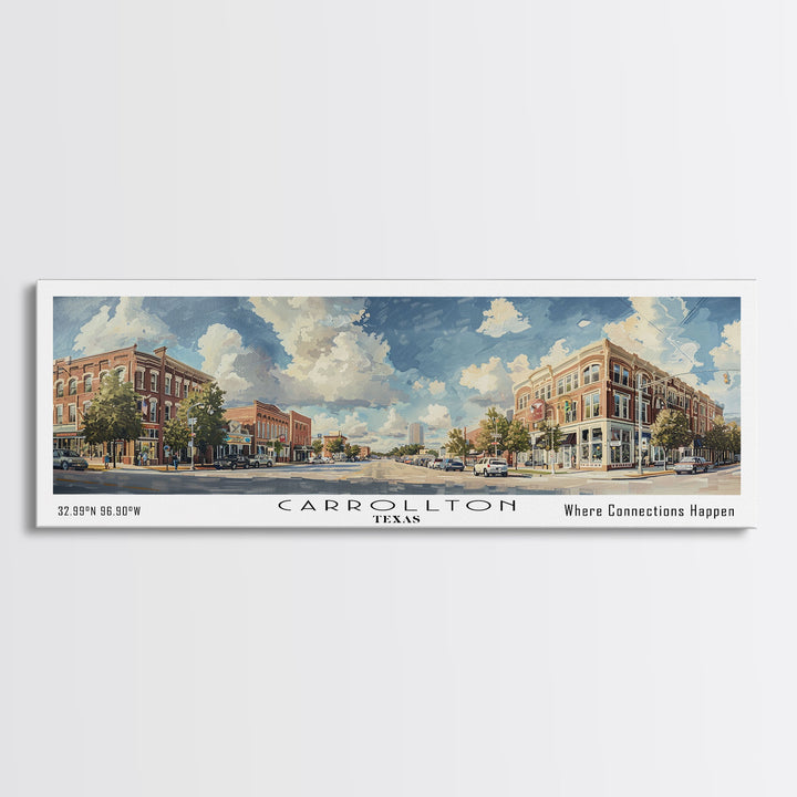 Carrolton Texas Panoramic Watercolor Painting Framed Canvas Print, Travel Poster Art, Home Decor, Vibrant Texas Cityscape, Living Room Wall Art, Office Decoration, Gift for Texans