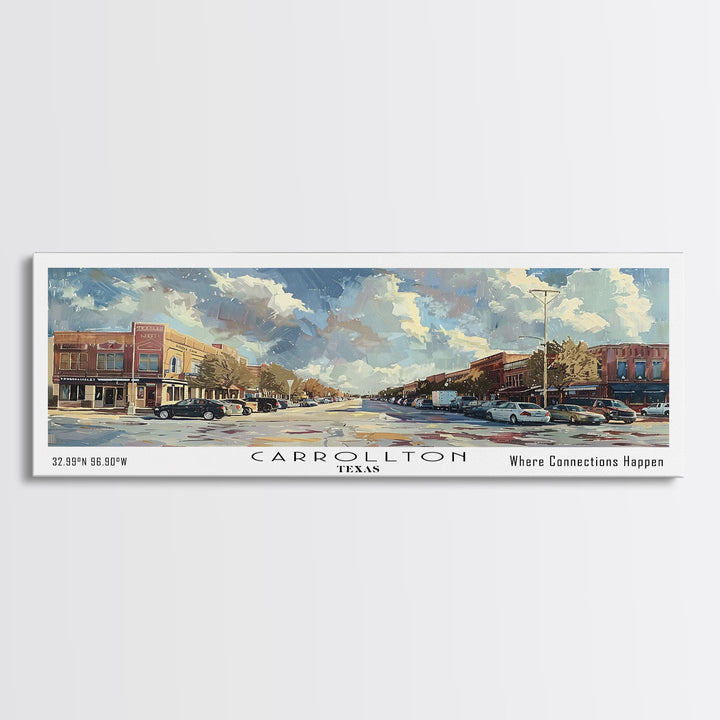 Carrolton Texas Panoramic Watercolor Painting Framed Canvas Print, Travel Poster Art, Home Decor, Texas City Landscape, Bedroom Wall Art, Office Decoration, Texas-Themed Gift