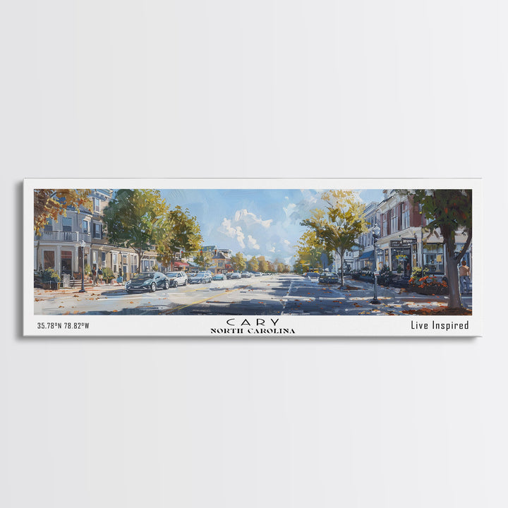 Cary North Carolina Panoramic Watercolor Painting Framed Canvas Print, Travel Poster Art, Home Decor, Picturesque North Carolina Landscape, Living Room Wall Art, Office Decoration, North Carolina Gift