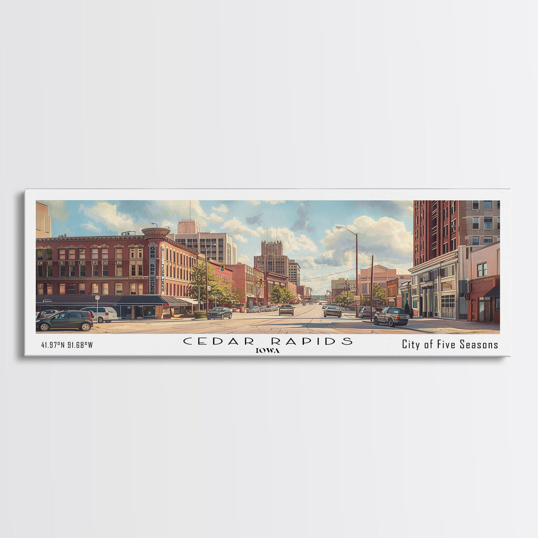 Cedar Rapids Iowa Panoramic Watercolor Painting Framed Canvas Print, Travel Poster Art, Home Decor, Iowa Cityscape, Living Room Decoration, Office Wall Art, Gift for Iowans