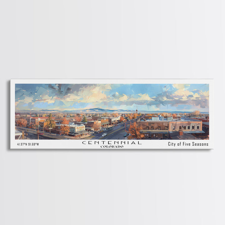 Centennial Colorado Panoramic Watercolor Painting Framed Canvas Print, Travel Poster Art, Home Decor, Mountain Cityscape, Bedroom Wall Art, Office Decoration, Unique Travel Gift