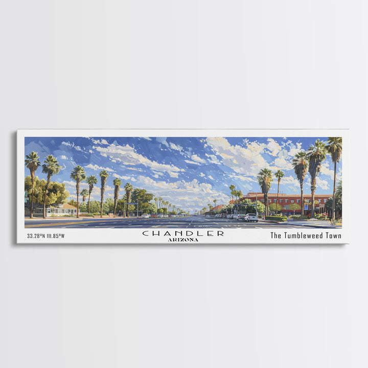 Chandler Arizona Panoramic Watercolor Painting Framed Canvas Print, Travel Poster Art, Home Decor, Vibrant Arizona Cityscape, Living Room Wall Art, Office Decoration, Gift for Art Lovers