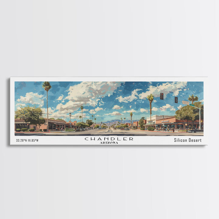Chandler Arizona Panoramic Watercolor Painting Framed Canvas Print, Travel Poster Art, Home Decor, Desert Cityscape, Bedroom Wall Art, Office Decoration, Unique Travel Gift