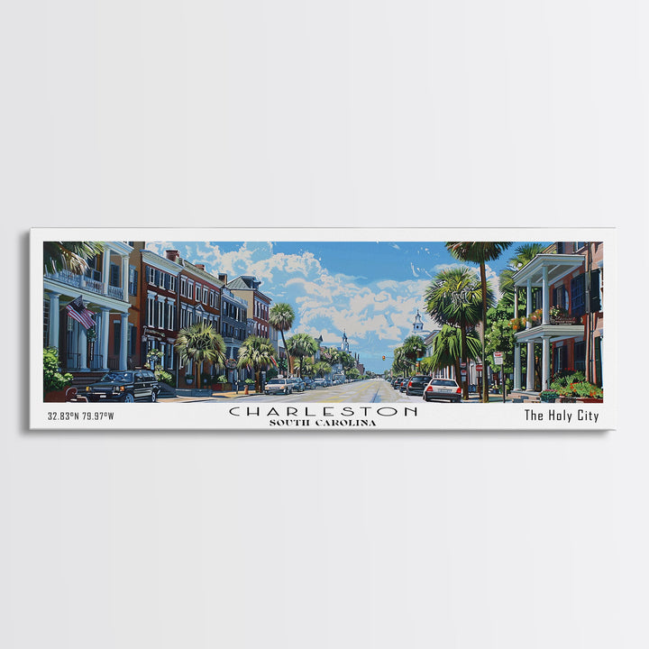 Charleston South Carolina Panoramic Watercolor Painting Framed Canvas Print, Travel Poster Art, Coastal Cityscape, Living Room Decor, Wall Hanging, Office Art, Southern Charm Gift