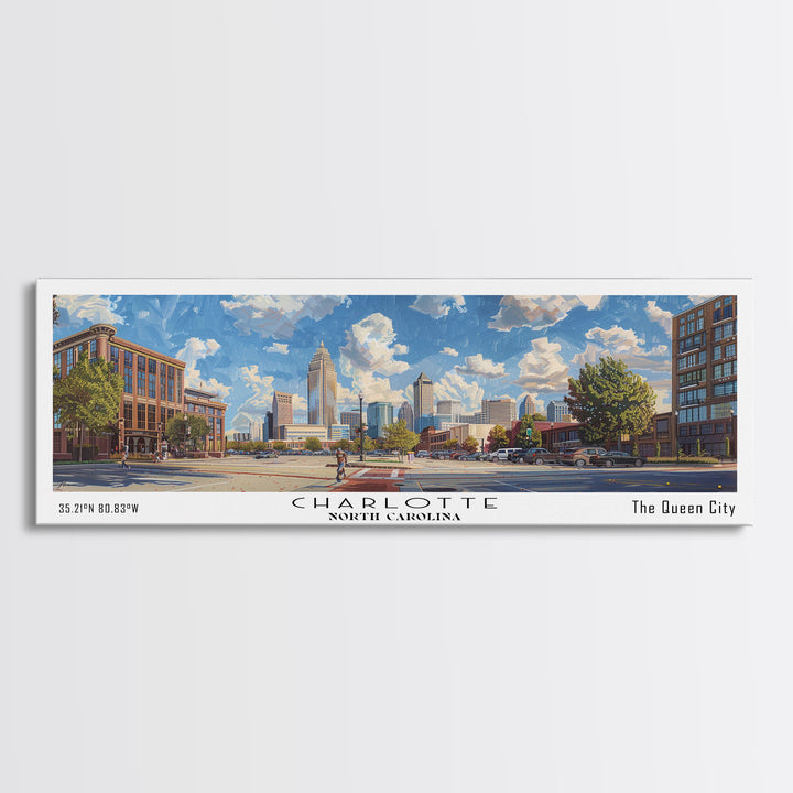 Charlotte North Carolina Panoramic Watercolor Painting Framed Canvas Print, Travel Poster Art, Urban Cityscape, Living Room Decor, Wall Art, Office Decoration, North Carolina Gift