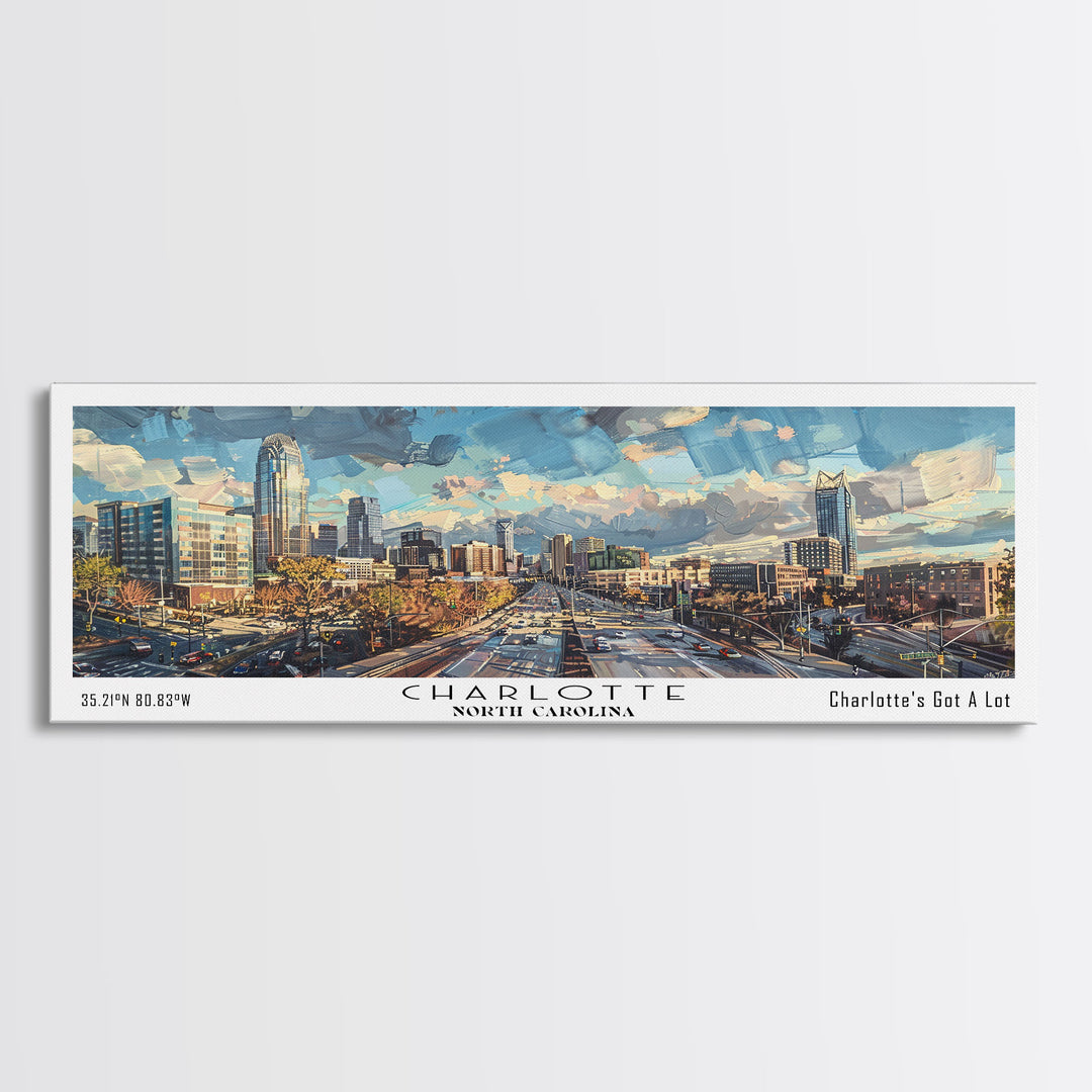 Charlotte North Carolina Panoramic Watercolor Painting Framed Canvas Print, Travel Poster Art, Urban Landscape, Home Decor, Bedroom Wall Art, Office Decoration, Unique Travel Gift