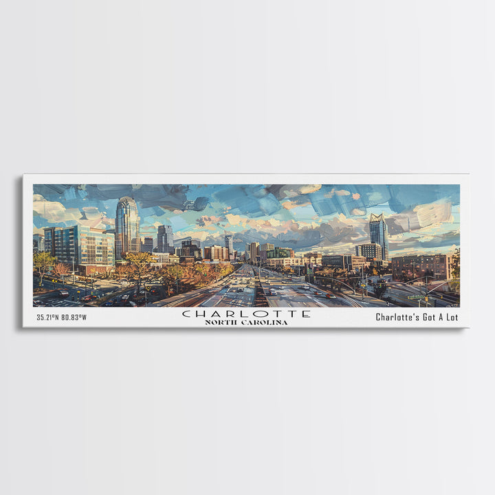 Charlotte North Carolina Panoramic Watercolor Painting Framed Canvas Print, Travel Poster Art, Urban Landscape, Home Decor, Bedroom Wall Art, Office Decoration, Unique Travel Gift