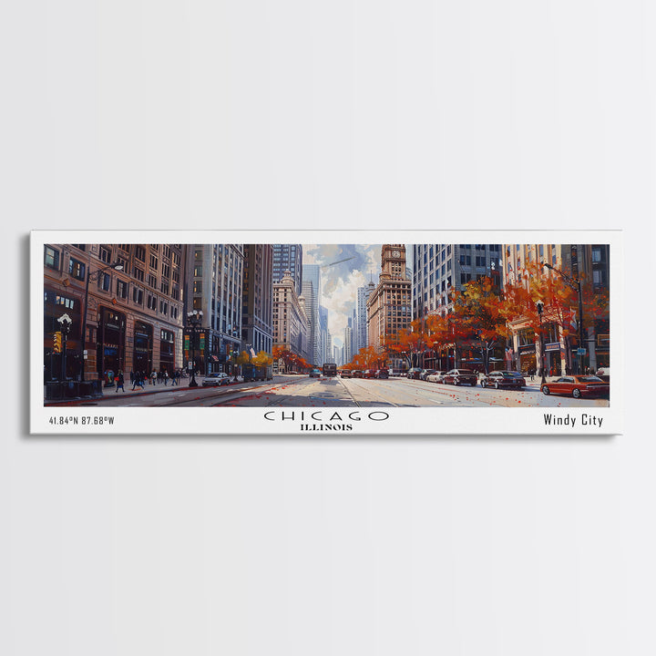 Chicago Illinois Panoramic Watercolor Painting Framed Canvas Print, Travel Poster Art, Urban Cityscape, Home Decor, Living Room Wall Art, Office Decoration, Gift for Chicago Lovers