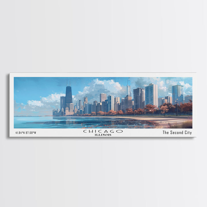 Chicago Illinois Panoramic Watercolor Painting Framed Canvas Print, Travel Poster Art, Urban Landscape, Bedroom Wall Art, Living Room Decoration, Office Wall Art, Windy City Gift