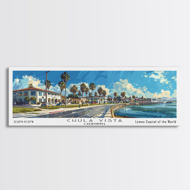 Chula Vista California Panoramic Watercolor Painting Framed Canvas Print, Travel Poster Art, Coastal View, Home Decor, Wall Hanging, Office Art, Gift for Coastal Lovers